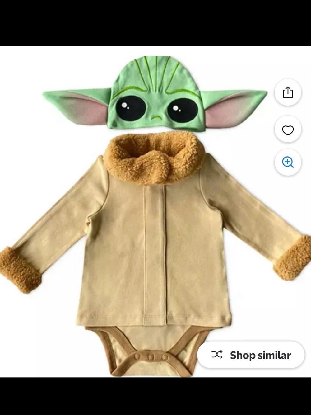 New Disney Green Baby Yoda Ear Hat with Tan Sherpa-Trim Bodysuit Costume